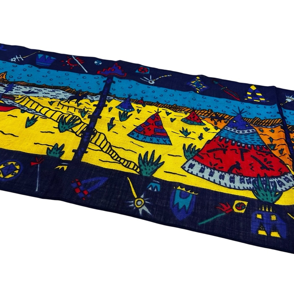 Colorful Novelty Print Scarf Teepee Indian Landscape Canoes Red Blue Multi 14x50